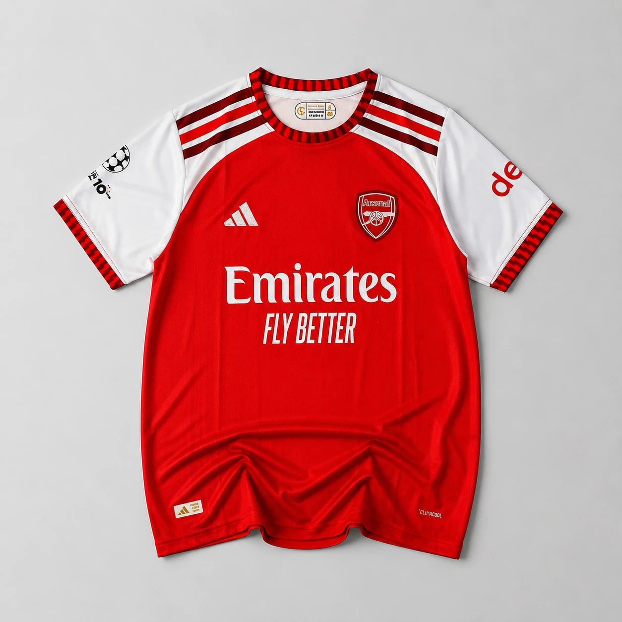 Arsenal 2026-27 Declan Rice jersey front, red kit with embroidered crest