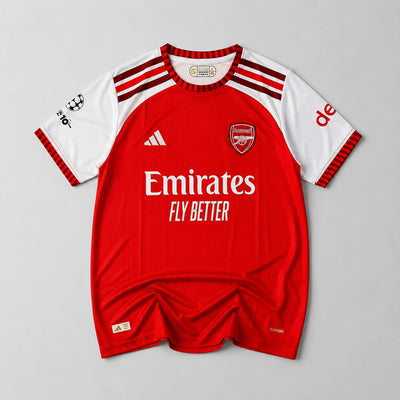 Arsenal 2026-27 Declan Rice jersey front, red kit with embroidered crest
